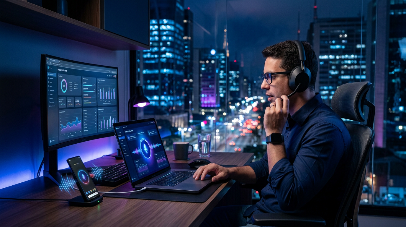 Profissional usando PC e celular com automação inteligente